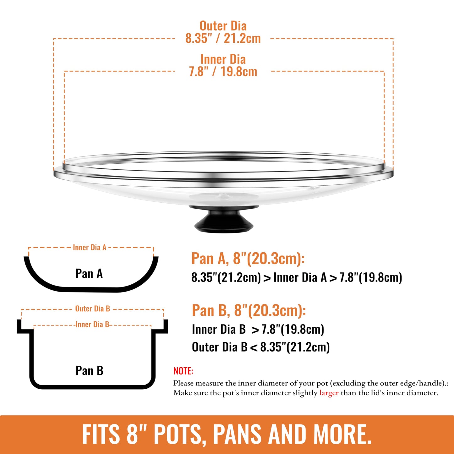 CnSneg 8 Inch Pan Lid For Pots Pans and Skillets, Cast Iron Skillet Lid, Tempered Glass Pan Lids Replacement, Pot Covers for Cooking, Wok, Crock Pot Lid with Stainless Steel Rim, Frying Pot Lids Only