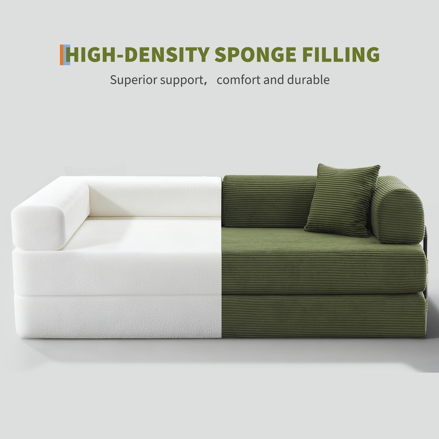 IDEALHOUSE 4 in 1 Convertible Sleeper Sofa Bed Couch, 79 Inch Boneless Corduroy Floor Couch with Pillows, No Assembly, Modern Deep Seat Sofa Futon Mattress for Living Room,Apartment,Green