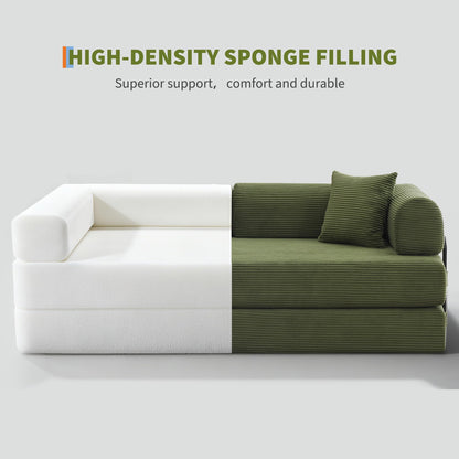 IDEALHOUSE 4 in 1 Convertible Sleeper Sofa Bed Couch, 79 Inch Boneless Corduroy Floor Couch with Pillows, No Assembly, Modern Deep Seat Sofa Futon Mattress for Living Room,Apartment,Green