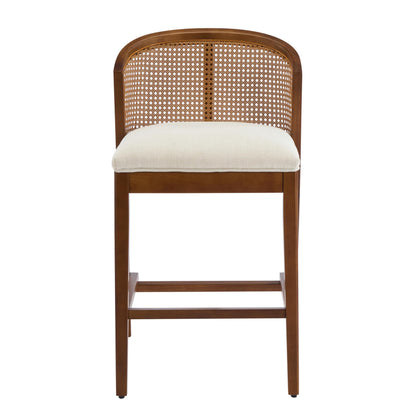 Christopher Knight Home JENA Rattan Counter Stools Set of 2, Counter Height Bar Stools for Bar Table, Rubberwood Frame with Upholstered Barstools, Wood Accent Chair with Footrest, Beige + Walnut