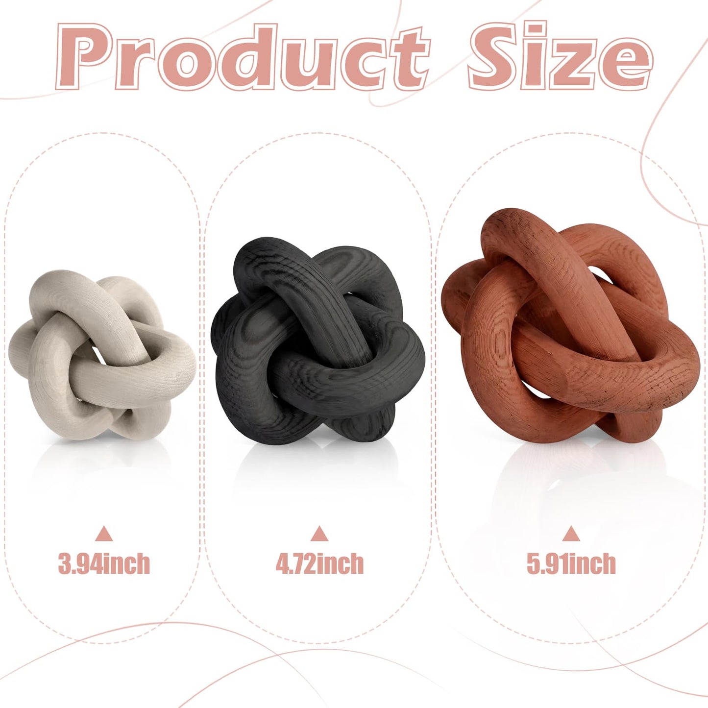 BrightRow Wood Knot Decorations Set of 3, Wooden Chain Link Coffee Table Decor, Modern Boho Farmhouse Rustic Home Decor for Living Room Shelf Tabletop Sizes 3.94", 4.72", 5.91"(Rust)