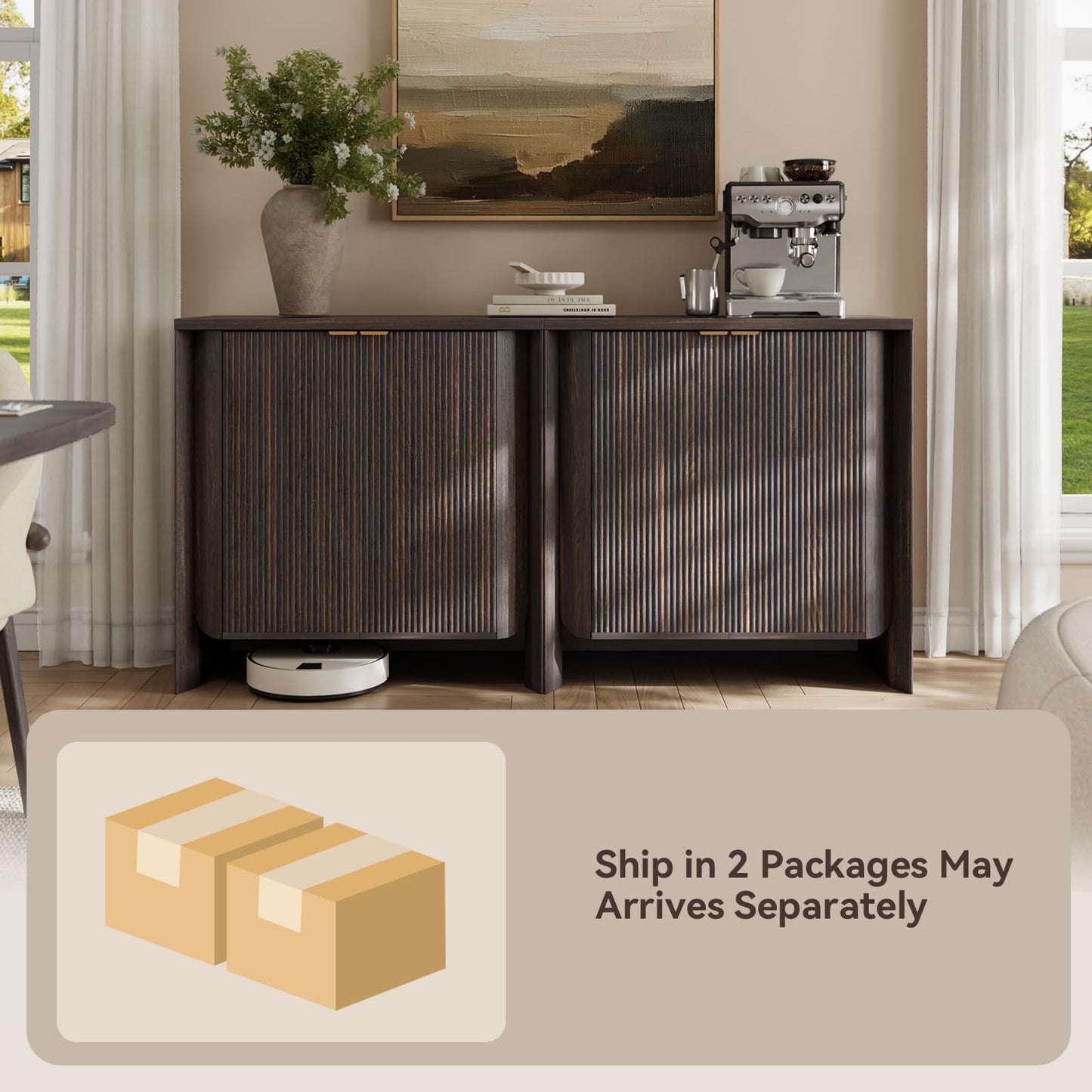 MorganBrig 63" W Walnut Sideboard Buffet Cabinet with Storage, Fluted Accent Console Cabinet, Mid Century Modern Credenza for Living Room Kitchen Entryway Dining Room, Dark Walnut