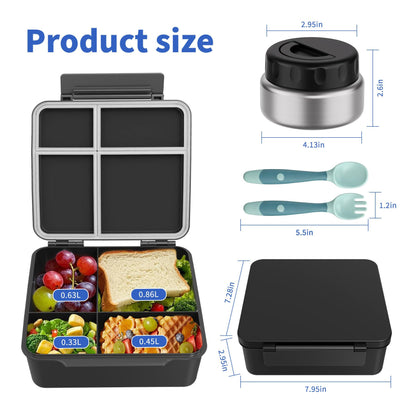 FAJSL Bento Box for Kids with Thermo Food Container (9oz), 4-Compartment Lunch Box, Adjustable Divider, Leakproof Bento Lunch Box, Includes Utensils & Carry Bag for School, Office(Black)