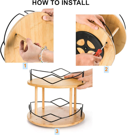 Yopay Lazy Susan Organizer 2 Tier, Bamboo Rotating Spice Rack for Kitchen Countertop, Spinning Makeup Turntable (11