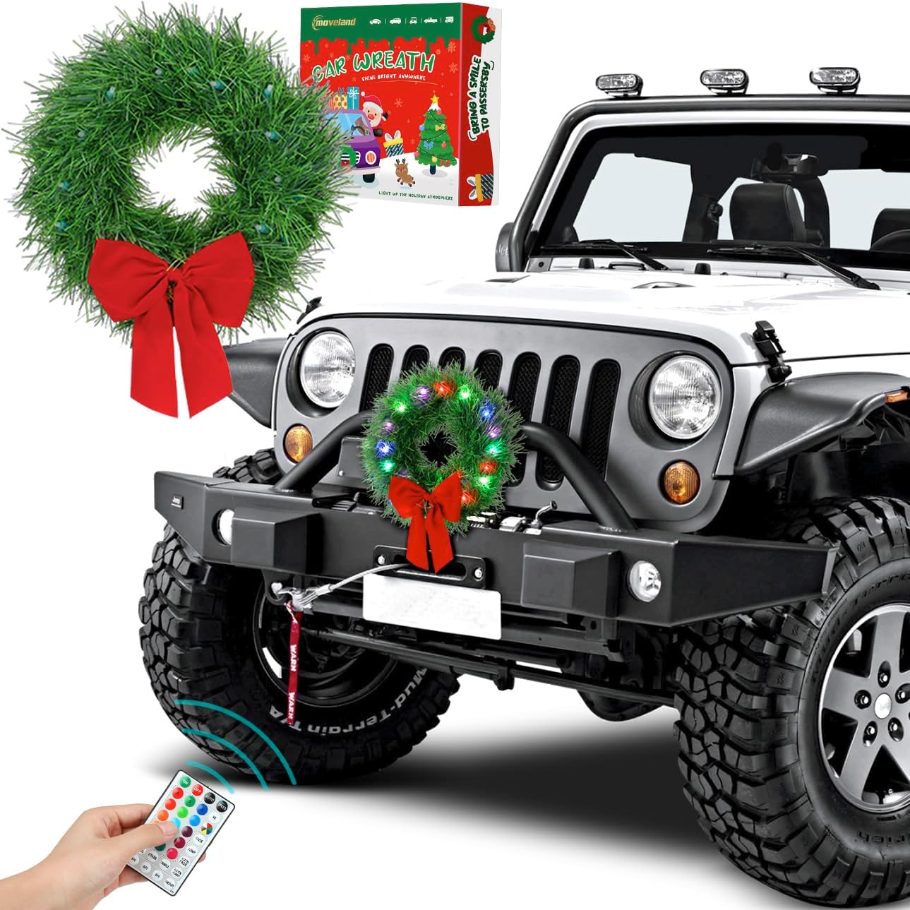12V moveland LED Car Wreath with Remote Control - RGB Changeable Christmas Wreath for Car Grill - Fits Jeeps Trucks