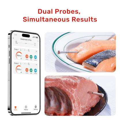 Meatmeet Wireless Meat Thermometer Digital with Dual Wi-Fi & Bluetooth, Meat Thermometer Wireless with 2 Probes, LED Display Base, 6 Sensors, IP69 Waterproof, for Grills, Ovens, Smokers & BBQs (X Pro)