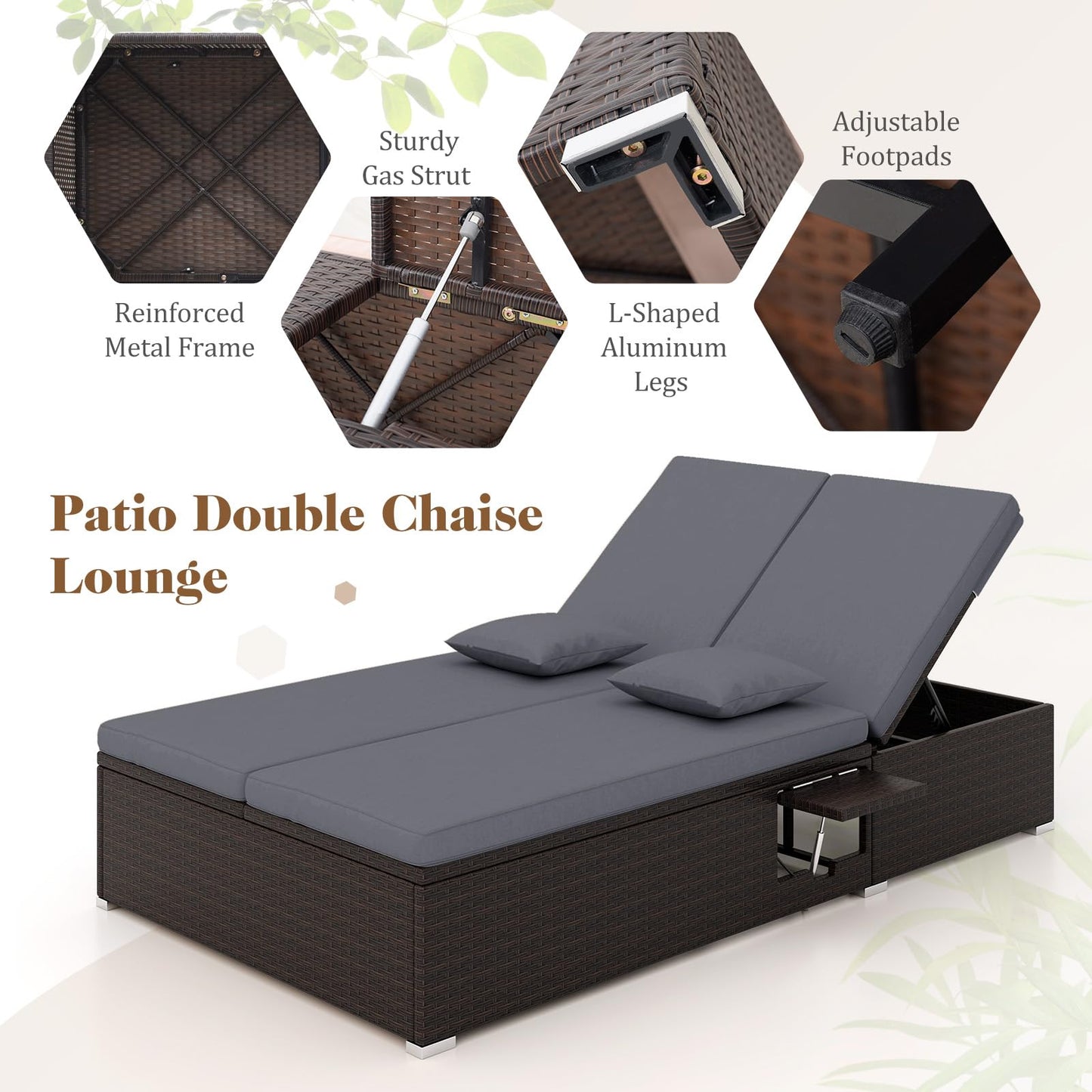 Tangkula Outdoor Rattan Daybed with 6-Level Adjustable Backrests, 2-Person Adjustable Wicker Recliner Bed with Cushions & Folding Side Trays, Double Sunbed Lounger for Balcony, Backyard & Poolside