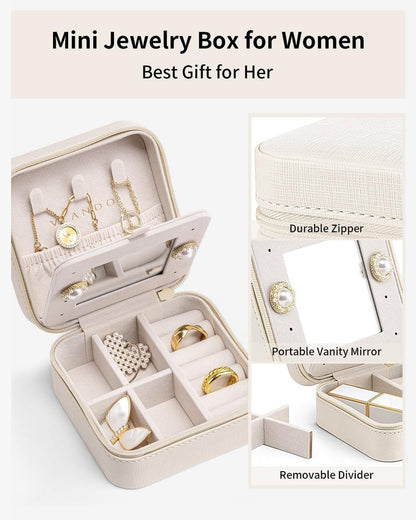 VLANDO Bridesmaid Gifts - Small Travel Jewelry Box Organizer - Wedding Gifts for Girls Women Rings Earrings Necklaces Storage with Mirror - Milky White