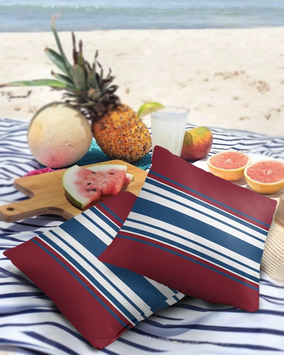 Navy Blue Burgundy Red Color Stripe Outdoor Pillow Covers Set of 2, Waterproof Throw Pillow Case, Cotton Linen