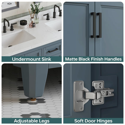 DELUXE LIVING 60 Inch Bathroom Vanity Double Sink, Fully Assembled Solid Wood Frame Double Sink Bathroom Vanity with Soft Closing Doors & Full Extension Dovetail Drawers, Quartz Top, Steel Blue