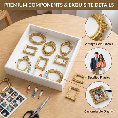 Mini Museum Silhouette Shadow Box Frame, DIY Memory Display Photo Craft Kit with LED String Lights, Mini Gold Frames & Figurines, Keepsake Box for Wedding Anniversary Family Milestone Gift (White)