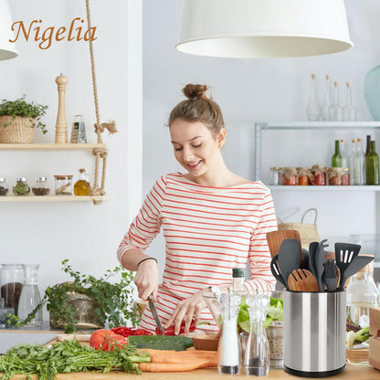 Nigelia Extra Large Kitchen Utensil Holder, 360° Rotating Stainless Steel Cooking Utensil Holder for Countertop, 3 Compartment Flatware Organizer & Cooking Caddy with Removable Base（Silvery）