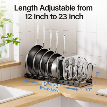 ORDORA Pots and Pans Organizer under Cabinet with Pot Lid Organizer, Expandable Rack for Pan and Pot Organizers Inside Cabinet, 12"-23" Adjustable with 10 Dividers for Kitchen Organization, Black