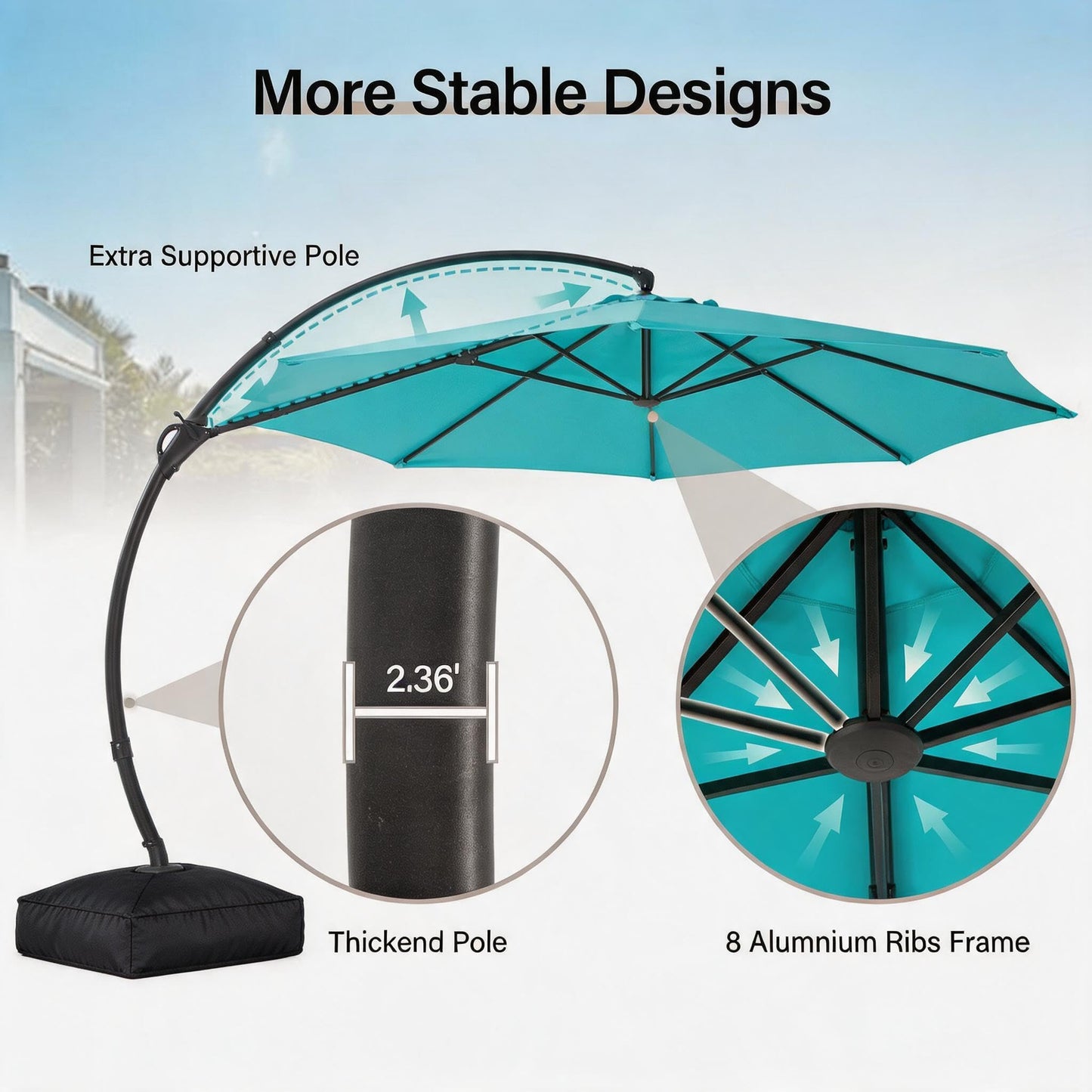 LAUSAINT HOME Outdoor Patio Umbrella with Base, 12 FT Deluxe Curvy Cantilever Umbrella Heavy Duty Offset Hanging Umbrella with 360° Rotation for Market, Pool, Garden, Backyard, Deck (Turquoise Blue)