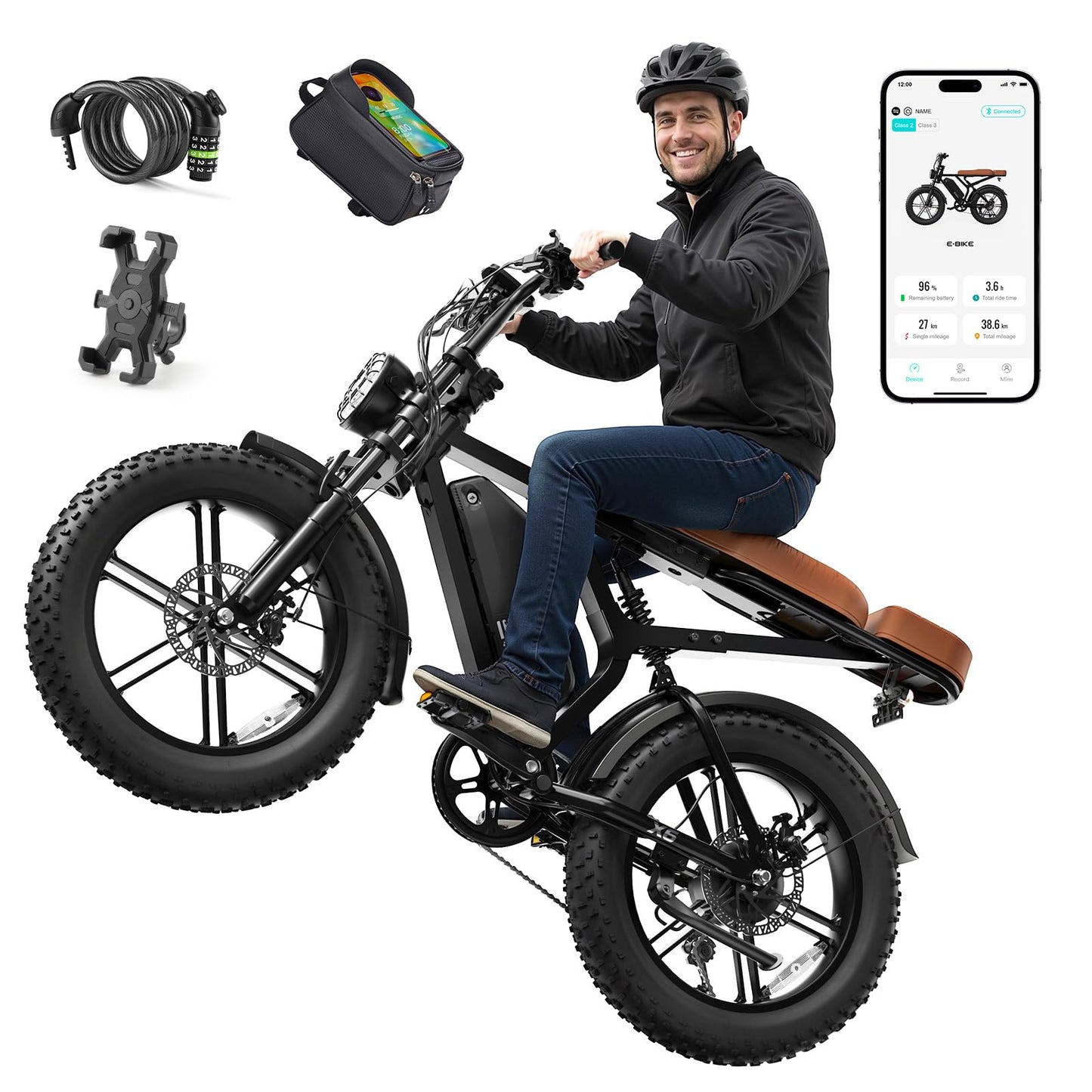 Electric Bike for Adults, Peak 1500W Motor, 30 MPH 60 Miles, 20"x4.0" Fat Tire Retro E Bike, 48V 15Ah Removable Battery, 7-Speed Ebkie for City Commuting, Off-Roading, Mountain, UL 2849 Carbon Black