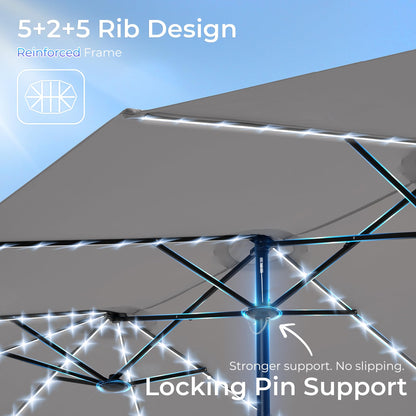 SUPERJARE 15ft Large Patio Umbrella with Base included, Double Sided Outdoor Umbrella with Solar Lights, Pool Umbrella with Fade Resistant Canopy for Deck, Porch, Yard, Balcony, Grey