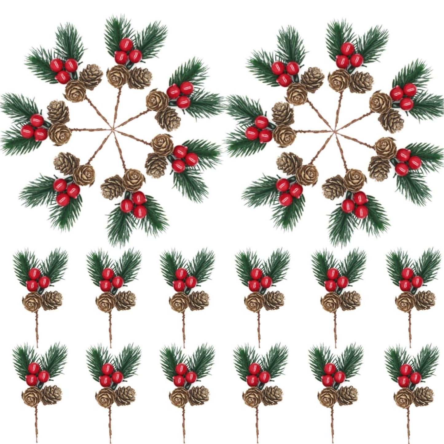 YGbridge Christmas Floral Picks, 30Pcs Pine Cone Holly Berry Stems for Crafts, Artificial Christmas Picks and Sprays, Red Berry Branches Greenery for Christmas Home Decor, Garland, Wreath (30)