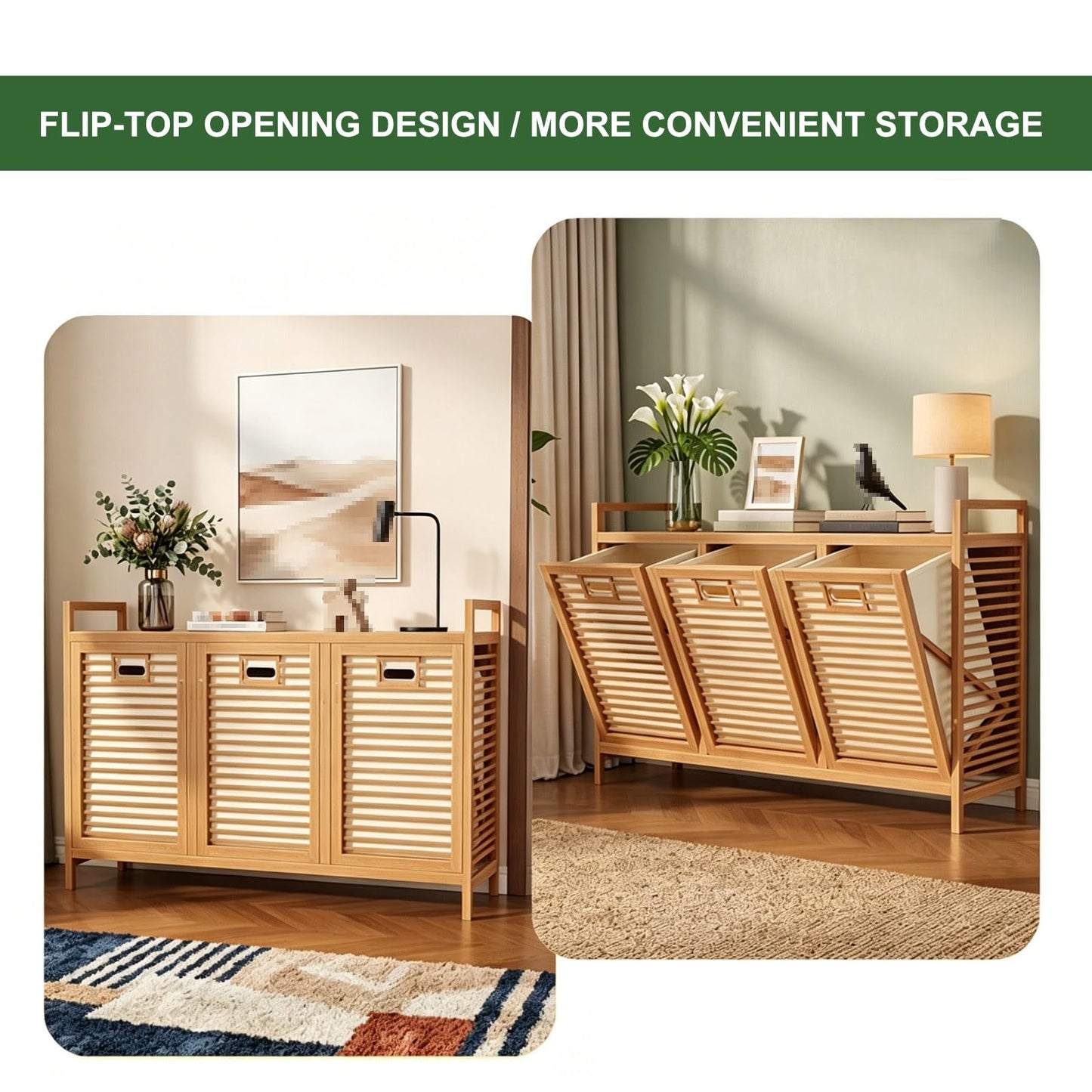 Bamboo Hidden Tilt-Out Laundry Hamper, 3 Compartment Laundry Sorter with Removable Waterproof Liner, Slim Organizer for Bathroom Bedroom Laundry Room