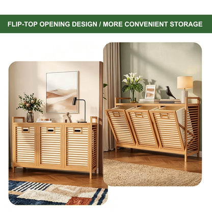 Bamboo Hidden Tilt-Out Laundry Hamper, 3 Compartment Laundry Sorter with Removable Waterproof Liner, Slim Organizer for Bathroom Bedroom Laundry Room