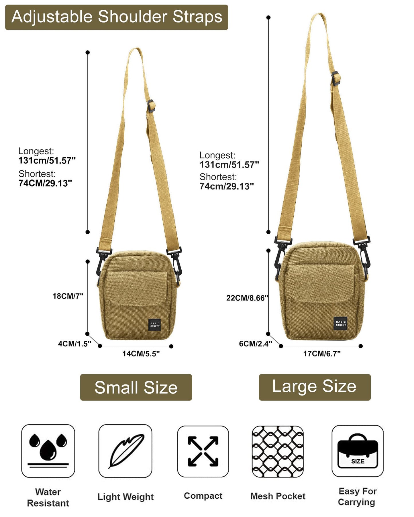 Unisex Khaki Large Crossbody Bag & Mini Messenger Satchel - Cell Phone Purse, Neck Pouch Wallet & Passport Holder