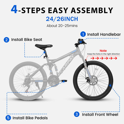 Ecarpat Full Suspension 26 Inch Mountain Bike, 21-Speed Mountain Bicycle with Disc Brake, Carbon Steel Frame, Trail Commuter City MTB Bike