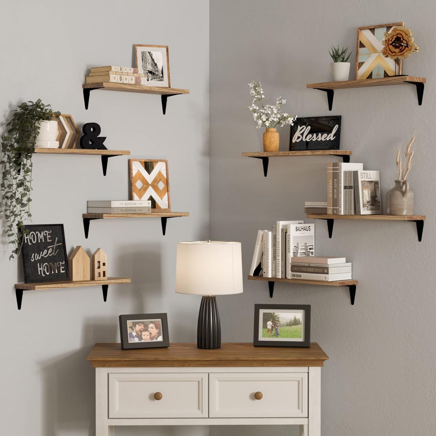 17"x 4.5" Set 8 Wallniture Arras Floating Shelves for Wall, Rustic Bookshelf for Living Room Decor, Home Office