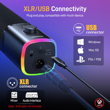 MAONO XLR/USB Gaming Microphone Kit: Dynamic PC Mic for Streaming Podcasting, Software Support, Mute Button, Gain Control, RGB Computer Mic with Boom Arm Stand, for Recording, PS4/PS5, PD100XS Black
