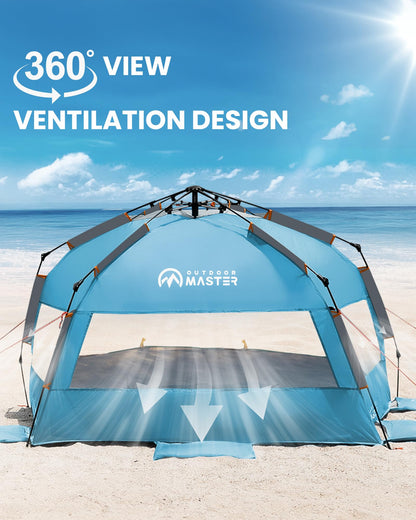 OutdoorMaster Pop Up Beach Tent for 4 Person - Easy Setup and Portable Beach Shade Sun Shelter Canopy with UPF 50+ UV Protection Removable Skylight Family Size - Ocracoke Coast