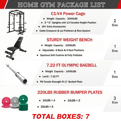 Goimu C1-V4 Power Cage, 2000LBS Squat Rack with LAT Pulldown, Multi-Function Weight Cage Strength Training Machine, Workout Cage with More Attachments for Home Gym Garage (220LBS BK Home Gym Package)
