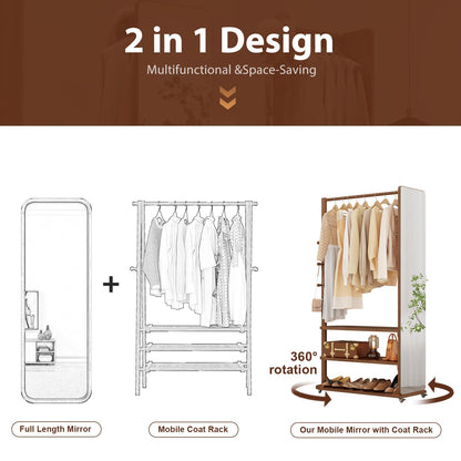 DONGMUWUJEE Solid Wood Full Length Mirror Clothes Rack,70" x 40" x 16" Oversize Standing Mirror Full Length with Brake Wheels, Floor Mirror for Living Room, Entryway, Bedroom (Walnut)