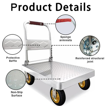Folding Platform Trolley, Heavy-Duty Steel Utility Cart with Foldable Handrails for Space-Saving Storage, Ideal for Supermarkets, Garages & Warehouses