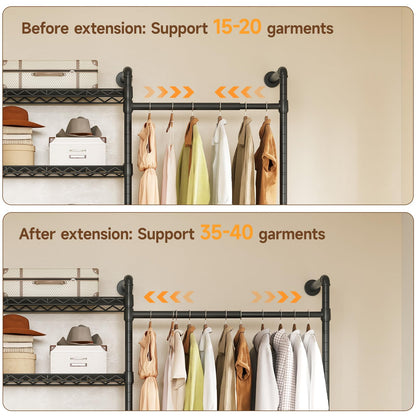 ONBRILL L7 Wall Mounted Industrial Pipe Clothing Rack – Heavy Duty Modular Closet System with 9 Hanging Rods (6 Expandable) & 10 Adjustable Shelves, Corner Garment Rack, Large Wardrobe - Black