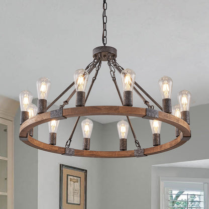 Benkut Farmhouse Wagon Wheel Chandelier 31" Black Rustic Light Fixtures 12-Light Wood Round Chandelier for Dining Room Living Room Entryway Foyer