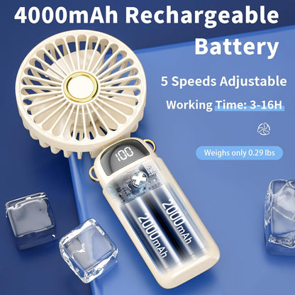 Portable Mini Handheld Fan - 4000mAh Rechargeable Battery Operated Desk Fan with Base, 5 Speeds for Travel