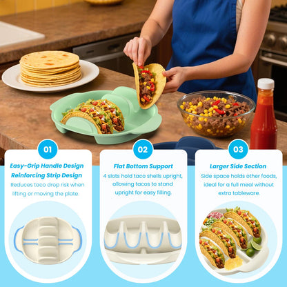 LZC LADYS GIFT Taco Holder Set of 2 Silicone, Reusable Taco Stand Rack Tray with 4 Dividers, Taco Plates for Hard/Soft Taco Shells, Taco Party Serving Plates, Dishwasher & Microwave Safe Taco Holders