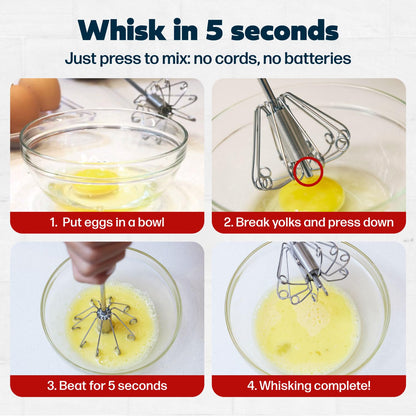 14 Inch Stainless Steel Egg Beater - Durable & Easy to Use Push-Down Zip Whisker - Rotary Hand Mixer for Beating Eggs, Frothing Milk, Blending, Mixing, Whipping Smoothies & Shakes - Hand Whisk