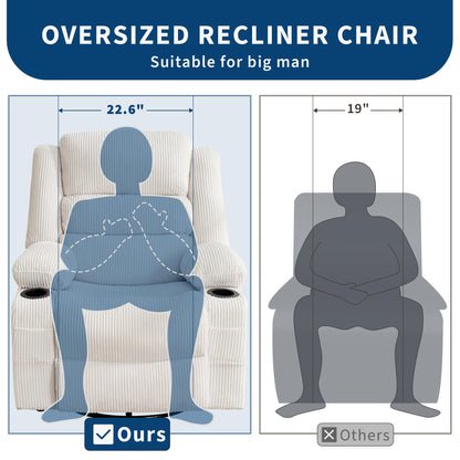 Rocking Recliner Chair for Adults Wide 360° Swivel Rocker Recliner with Cup Holder Nursery Glider with Upholstered Deep Seat Corduroy Lazy boy Chair for Living Room Beige