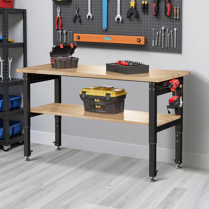 Albott 48" Adjustable 2-Tier Workbench with Solid Wood Top, Max 2500lbs Capacity, Built-in Power Strip with 4 AC Outlets & 2 USB Ports, Pegboard & 20 Hooks, Shop Garage Office