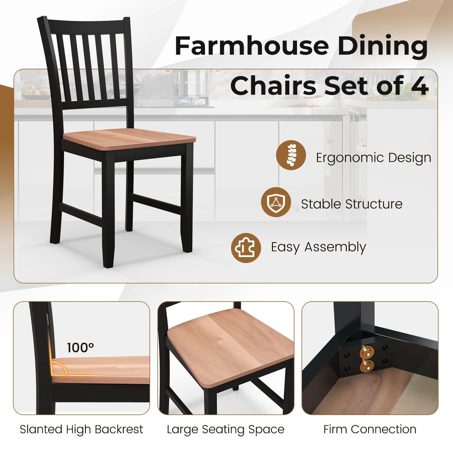 Giantex Wooden Dining Chairs Set of 4, Farmhouse Kitchen Chair with Rubber Wood Legs, Easy to Assemble Armless Dining Side Chairs, Dining Room Chairs, Black