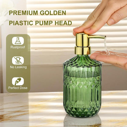 Ritrsvey Green Glass Soap Dispenser (15.4 Oz, 2 Pack), Kitchen Hand and Dish Soap Dispenser Set with Golden Rust Proof Pump, Vintage Bathroom Hand Soap Lotion Dispensers