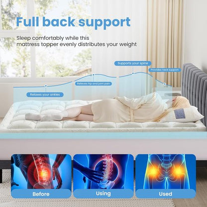 DUMOS Queen Mattress Topper - Dual Layer 4 Inch Memory Foam & Pillow Top for Back Pain Relief | 8-16 Inch Deep Pocket