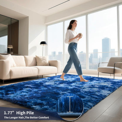 5x8 HQAYW Area Rugs for Living Room, Tie-Dyed Navy Blue Ultra Soft Fluffy Washable Non-Slip Rug, Plush Shaggy Modern