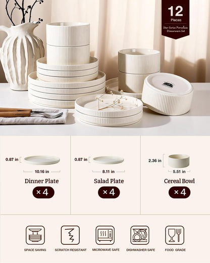 Richmount Star 12-Piece Plates and Bowls Set, Porcelain Dinnerware Sets for 4 Service, Modern Dish Set-Chip and Scratch Resistant, Dishwasher & Microwave Safe, Creamy White