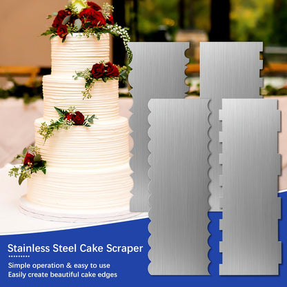 4 Pack Stainless Steel Cake Scraper,8.6 Inch Double Sided Patterned Stripe Metal Cake Smoother, Cake Decorating Comb Pastry Cutter Leveler for Mousse Butter Cream Cake Edge Baking Decoration