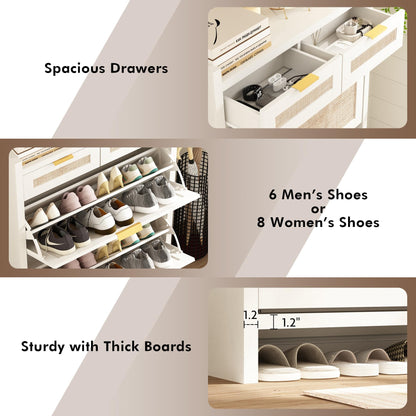 Shoe Organizer Cabinet Storage for Entryway - Slim Rattan Shoe Rack for Front Door Entrance, Narrow Hidden Shoe Cabinet with Flip Drawers, Boho Shoe Holder Cabinet，Two Doors, White, Set of 2