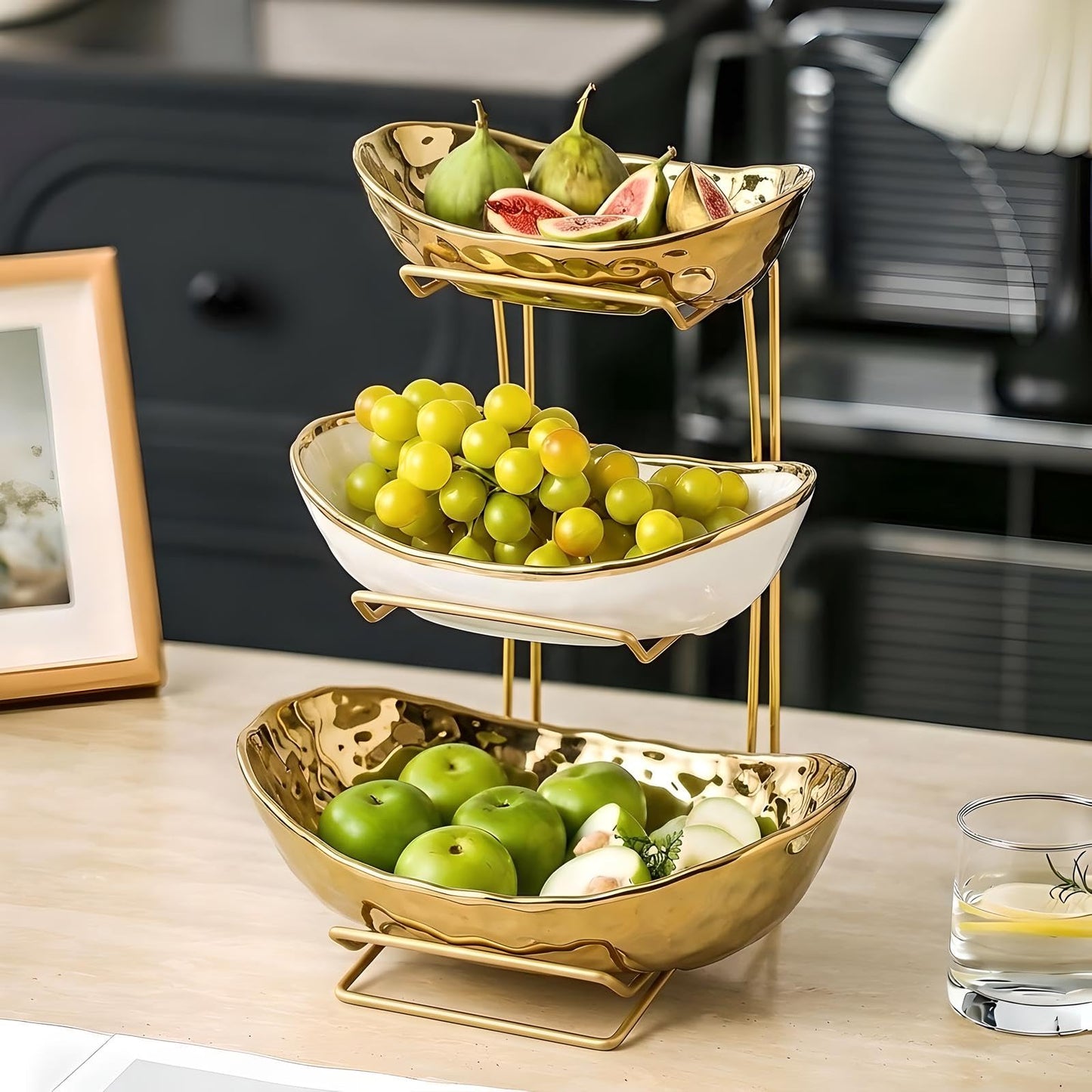 MEIGLQEA 3-Tier Gold Fruit Bowl & Tray with Metal Stand - Ceramic White, Triple Layer for Snacks, Nuts, Bread & Candy Storage