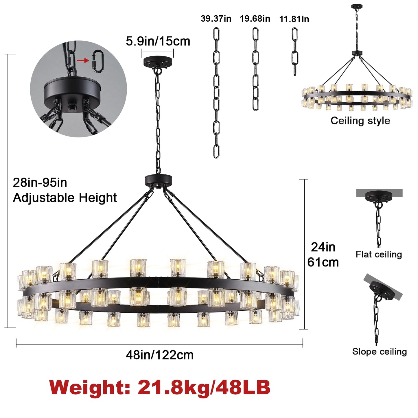 Plsintly 48 Inch Black Wagon Wheel Chandelier with Crystal Shade, Crystal Chandelier, Modern Farmhouse Style, Ideal for Dining Room, Kitchen, Entryways,48 Lights (Bulbs Included)