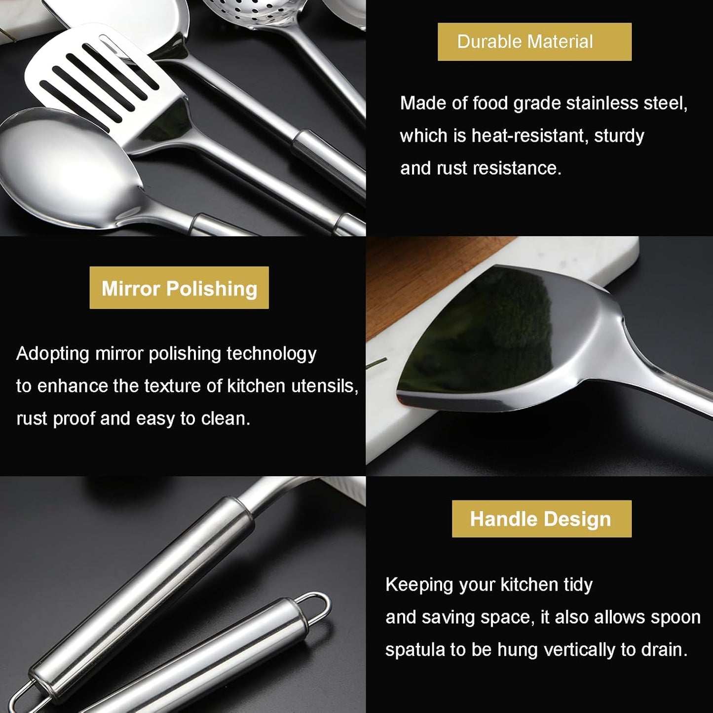 5Pcs Stainless Steel Cooking Utensils Set, Heat Resistant Wok Utensils Include Slotted Spoon, Spatula, Large Spoon