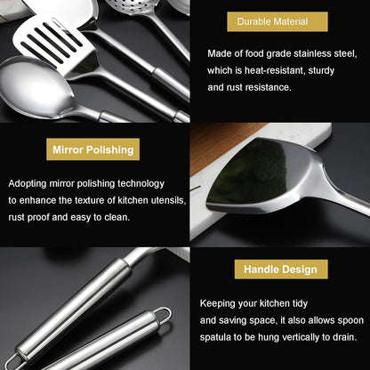 5Pcs Stainless Steel Cooking Utensils Set, Heat Resistant Wok Utensils Include Slotted Spoon, Spatula, Large Spoon