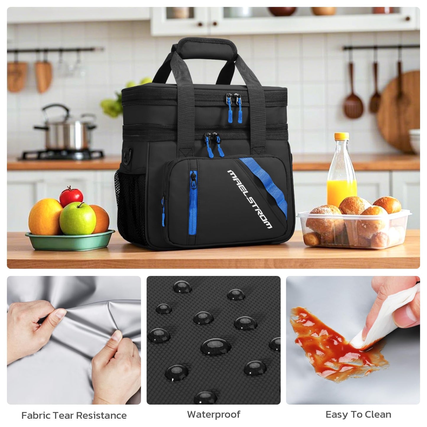 Maelstrom Lunch Box, 20L Insulated Lunch Bag for Men Women, Expandable Double Deck Leakproof Cooler Bag with 6 Pockets, Reusable Lunch Tote Bag for Work, Picnic, Travel, Black